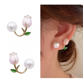 French Light Luxury Pink Tulip Flower Pearl Stud Earrings For Women Korean Zircon Exquisite Earring Party Christmas Jewelry Gift