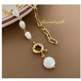 1pcs Gold-color Necklace Hip Hop Style Faux Imitation-pearl Pendant Handmade Curved Needle Sewable Fashion Jewelr