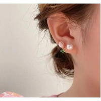 French Light Luxury Pink Tulip Flower Pearl Stud Earrings For Women Korean Zircon Exquisite Earring Party Christmas Jewelry Gift