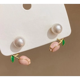 French Light Luxury Pink Tulip Flower Pearl Stud Earrings For Women Korean Zircon Exquisite Earring Party Christmas Jewelry Gift