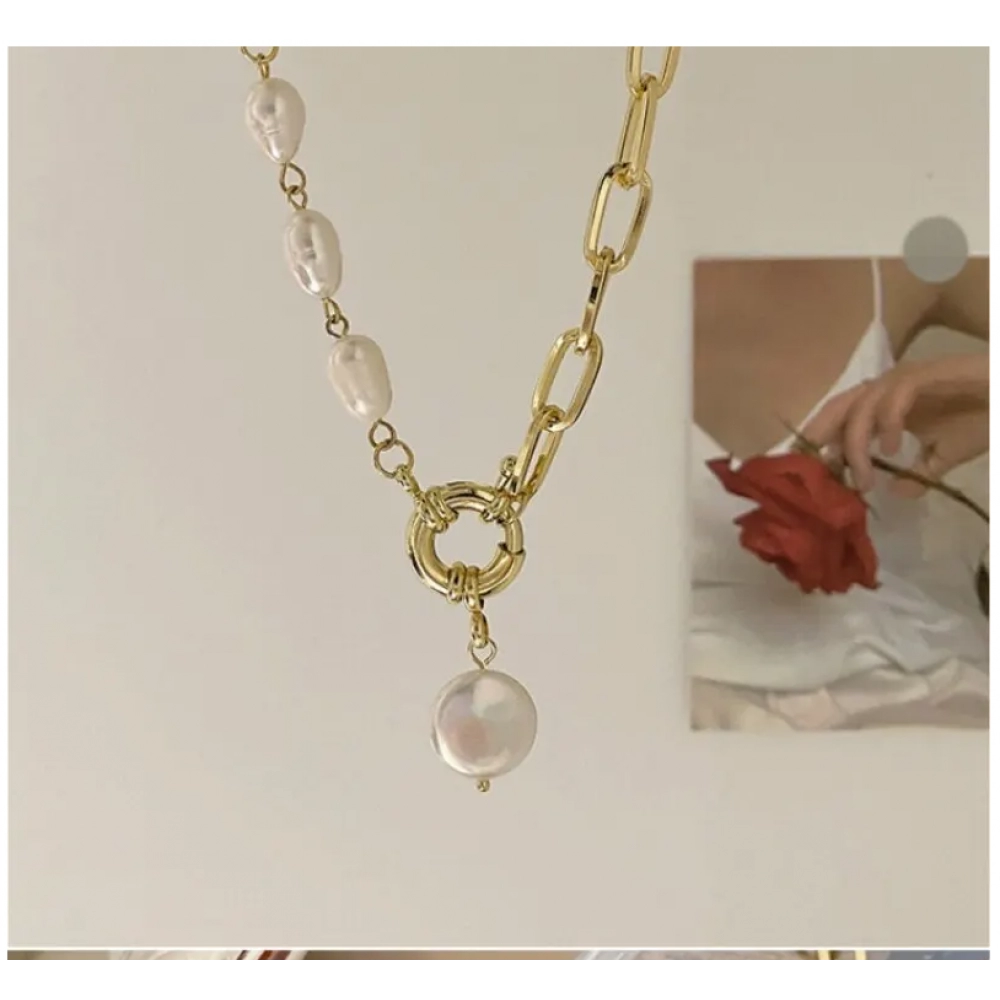 1pcs Gold-color Necklace Hip Hop Style Faux Imitation-pearl Pendant Handmade Curved Needle Sewable Fashion Jewelr